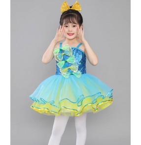 Children Blue gold sequins jazz dance dresses tutu skirts bowknot Kindergarten preschool choir singers performance princess dress modern dance outfits for kids